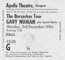 Gary Numan Glasgow Ticket 1984
